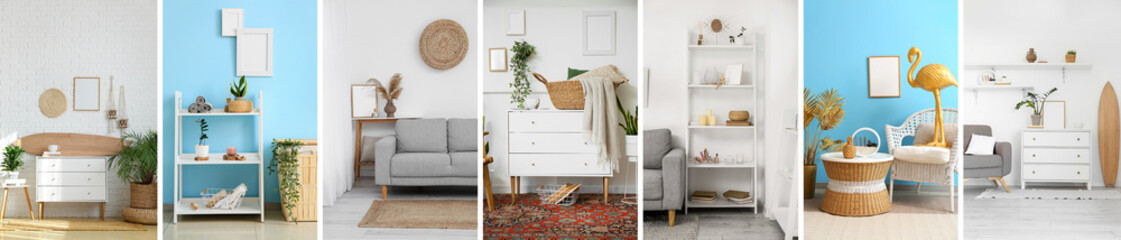 Fototapeta premium Collage of blank photo frames in modern home interiors