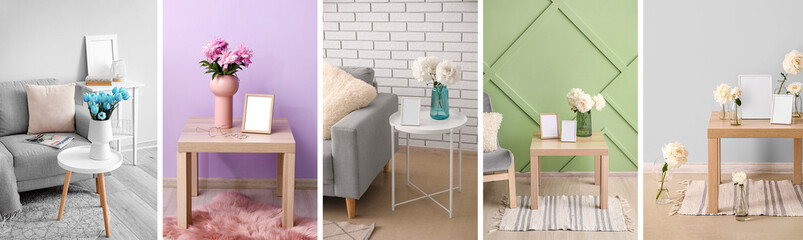Collage of blank photo frames and fresh flowers in modern home interiors