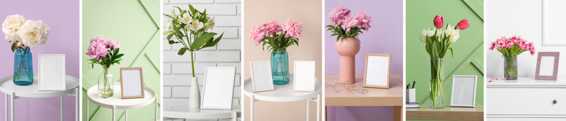Collage of blank photo frames and fresh flowers in stylish home interiors
