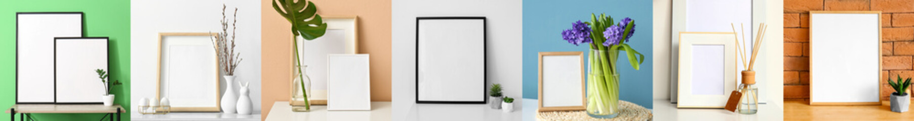 Set of blank photo frames in modern interiors