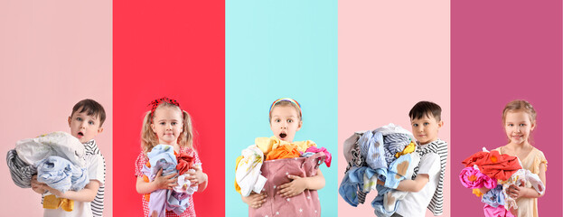 Collage of little children with heaps of dirty clothes on color background