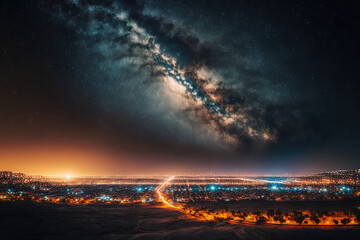 Milky Way galaxy in long exposure with city lights and grain. Generative AI