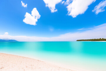 Fototapeta na wymiar Golden sand with blue ocean. Beautiful tropical beach. White sand tropical paradise beach background summer vacation concept. Sea water against a white cloudy blue sky. Copy space.