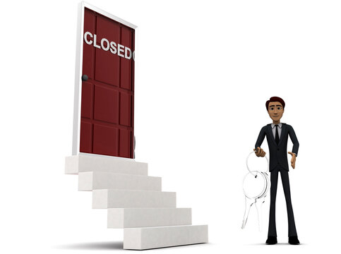 3d man standing outside closed door holding keys concept