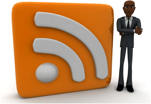 3d man standing beside rss feed concept