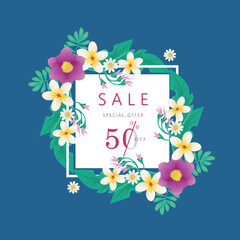 Spring summer sale banner with flowers on a dark blue background. Banner perfect for promotions, magazines, advertising, web sites. 