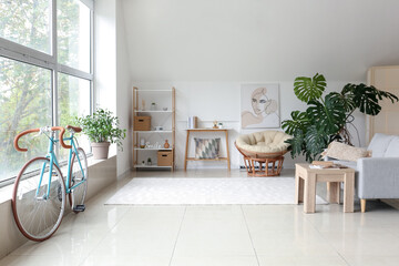 Interior of light living room with bicycle and shelving unit