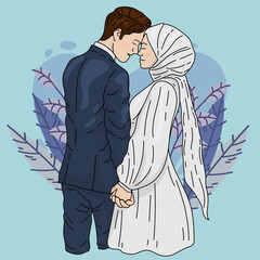 cute wedding hijab couple love valentine doodle illustration