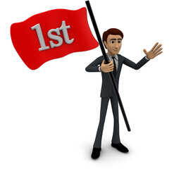 3d man standing with 1st number text flag concept