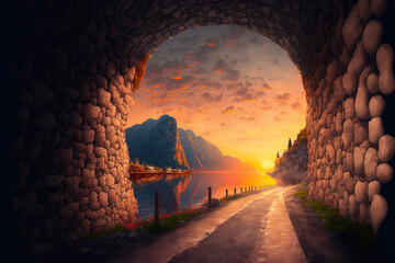 Amazing sunset and a lovely street in a tunnel of rocks. This road is located next to an Italian lake. Generative AI
