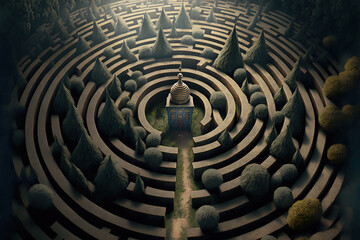 Fototapeta na wymiar The labyrinth created with Generative AI technology. 