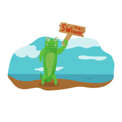 A crocodile holding a sign that says no swimming