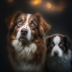 Fototapeta premium Brown Australian Shepherd cute portrait on darken background with lights. Bokeh portrait Australian Shepherd. Generate by AI
