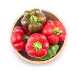 Wooden bowl of fresh bell peppers on white background