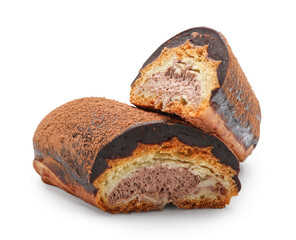 Halves of delicious chocolate eclair on white background