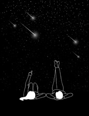 A couple in love sits and counts the stars in the sky. Man and woman look in dark night sky, Dating, admiration, love. Valentine's day card design. Hand drawn style. Trendy vector illustration.
