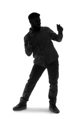 Silhouette of young man dancing on white background