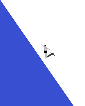 Young sports man standing at diving board ready to jump into pool. Man Jumping Diving in Swimming Pool. Diving into indoor sport pool. Diver. Male swimmer, Landing Page, Trendy vector illustration.