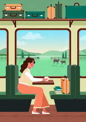 Train interior inside view with luggage and the train station. Landscape through the train window. The girl is sitting in a train carriage. Spring vacation. Flat Design. Trendy vector illustration. - 557313999