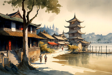 Obraz premium Lovely coastal chinese village Landscape in watercolour. Generative AI