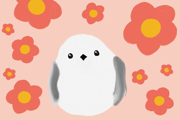 こちらを見つめるシマエナガ（背景、ピンクと可愛い花）