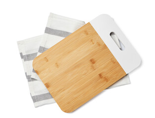 Clean wooden cutting board with napkin on white background