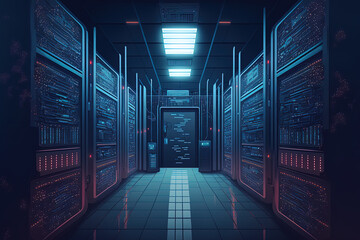 Illustration of a server room in a data center with plenty of telecom equipment, showing the idea of huge data storage and cloud computing. Generative AI - obrazy, fototapety, plakaty