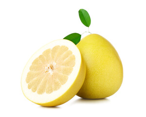 Whole and cut sweet ripe pomelo fruits on white background