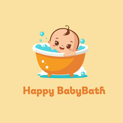 cute cartoonish baby in bathtub logo design, vector logo of a baby taking a bath