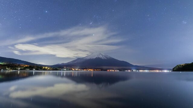 冬の山中湖の水面に映る富士山と星空Timelapse