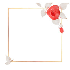 Glitter square frame decorated with red watercolor flowers isolated on white background