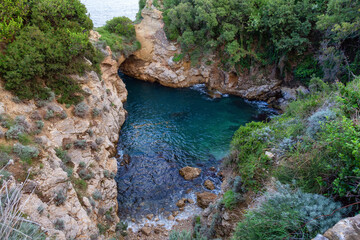 Rocky Coast in a park at Touristic Town, Sorrento, Italy. Amalfi Coast. Nature Background