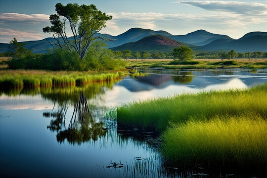 Lovely image of a freshwater marsh with a green mountain and a blue hazy sky in the background. Generative AI
