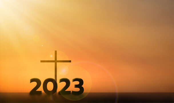 2023 new year gold sunrise sky, cross jesus hope background, golden wallpaper poster design 