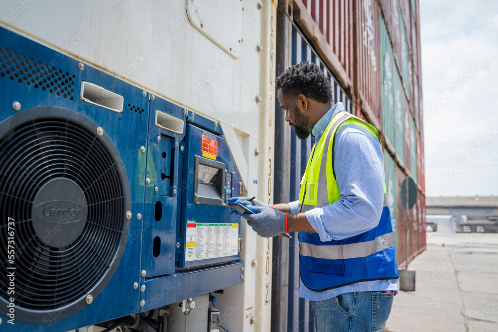 Poster Engineer or foreman checking about shipping of container box in warehouse stock yard.