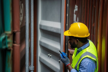 Fototapeta na wymiar Engineer or foreman checking about shipping of container box in warehouse stock yard.