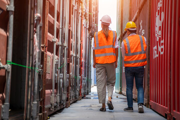 Engineer working and checking a quality of containers box from cargo ship for export and import,Container Shipping Logistics Engineering concept.