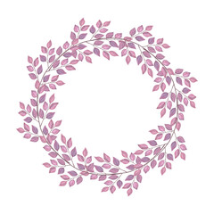 Round frame with abstract purple leaves. Hand drawn watercolor illustration isolated on white background. For wedding invitations, greeting cards