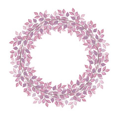 Round frame with abstract purple leaves. Hand drawn watercolor illustration isolated on white background. For wedding invitations, greeting cards