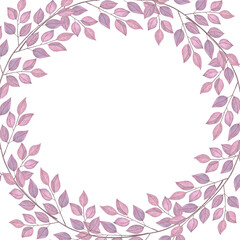 Fototapeta na wymiar Round frame with abstract purple leaves. Hand drawn watercolor illustration isolated on white background. For wedding invitations, greeting cards