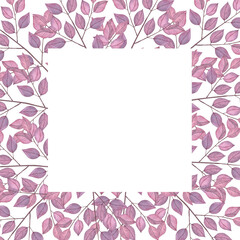 Fototapeta na wymiar Square frame with abstract purple leaves. Hand drawn watercolor illustration isolated on white background. For wedding invitations, greeting cards