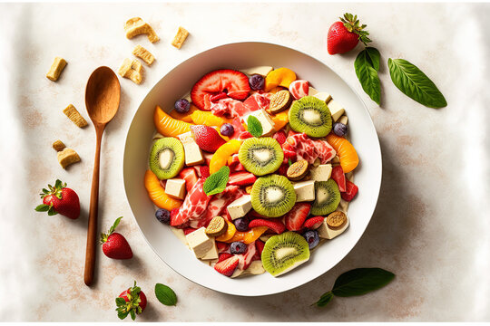 a pink dish of fruit salad on a white backdrop. Orange, banana, kiwi, and strawberry. eating well. Generative AI