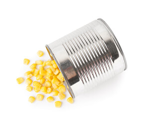 Tin can with corn isolated on white background