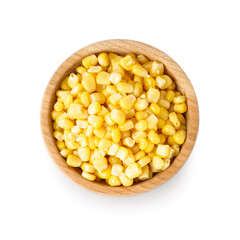 Bowl of canned corn isolated on white background