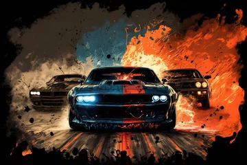 Foto op Plexiglas Auto Crazy mad car chase, explosions sparks action. Sports cars are a danger race for survival. Fire and flames from under the wheels. 3d illustration