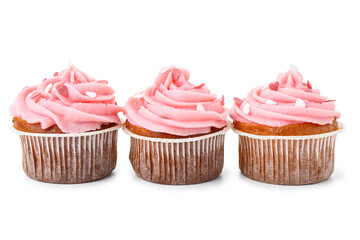 Tasty cupcakes for Valentine's Day on white background