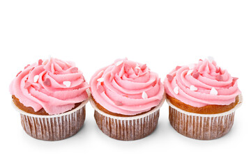 Tasty cupcakes for Valentine's Day on white background