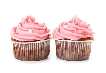 Tasty cupcakes for Valentine's Day on white background