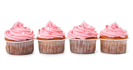 Tasty cupcakes for Valentine's Day on white background