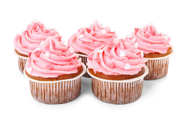 Tasty cupcakes for Valentine's Day on white background
